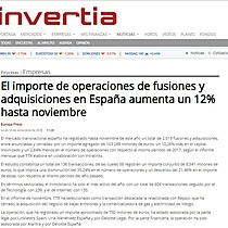 El importe de operaciones de fusiones y adquisiciones en Espaa aumenta un 12% hasta noviembre